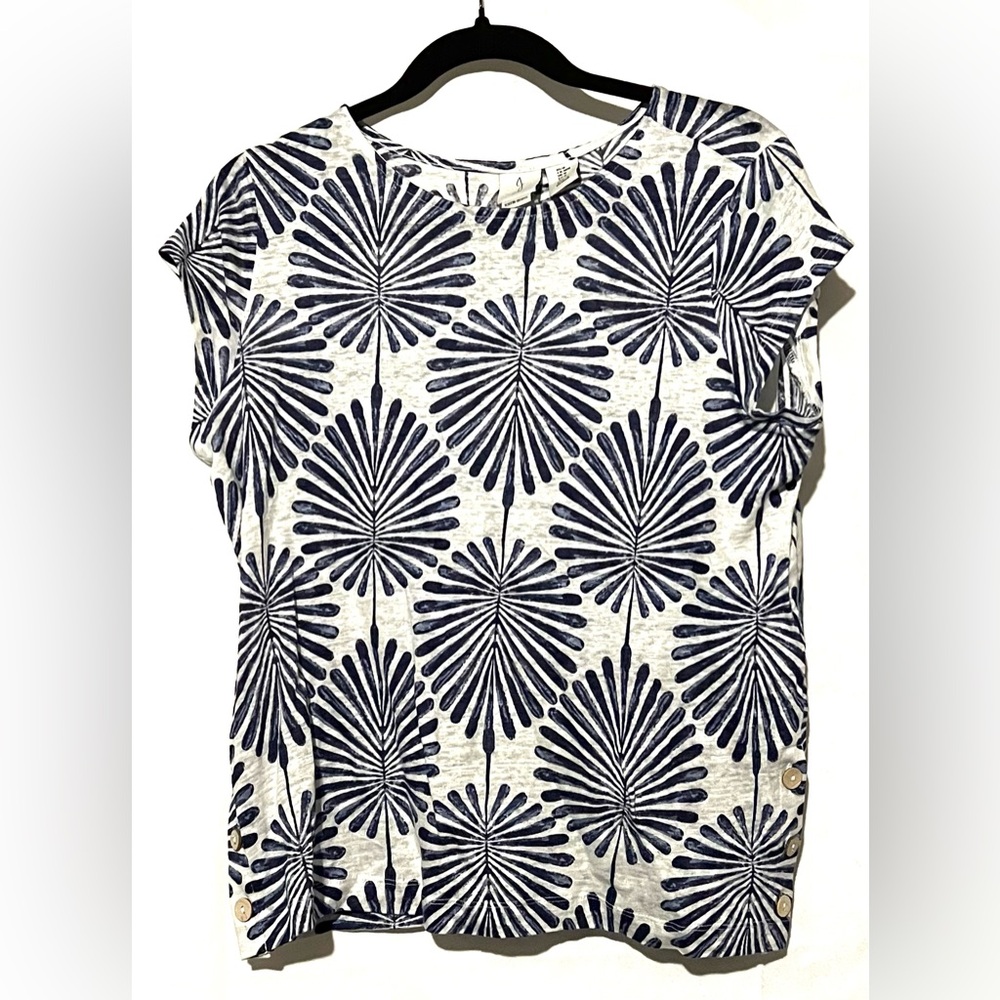 Joie Navy and White Leaf Short Sleeve Linen Tee Size M